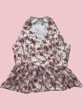 Emilia Wickstead Lucie White Sleeveless Peplum Blouse with Burgundy Floral Print